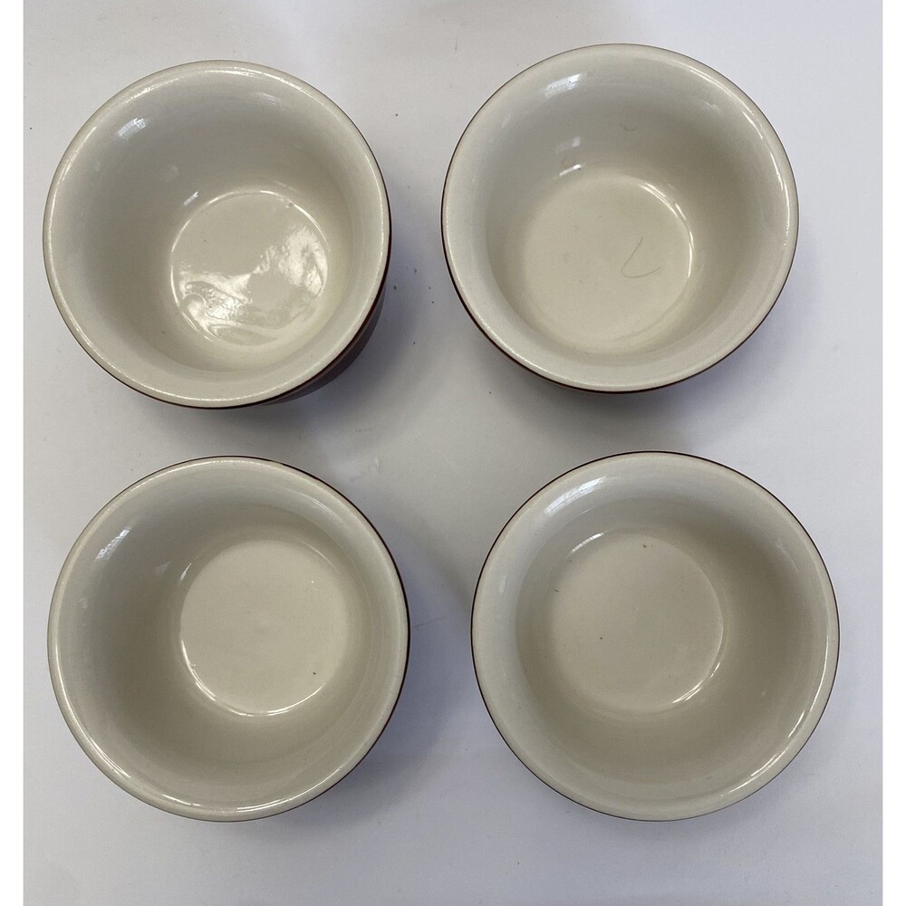 New HALL USA Vintage Set of 4 White/Brown Oven Ware 3" Ceramic Bowls Souffle NOS - Picture 2 of 12